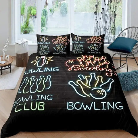 Maxcorners Neon Light Wall Bowling Ball And Pins 3D Bedding Set
