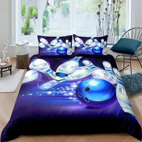Maxcorners Blue Bowling Ball And Pins 3D Bedding Set