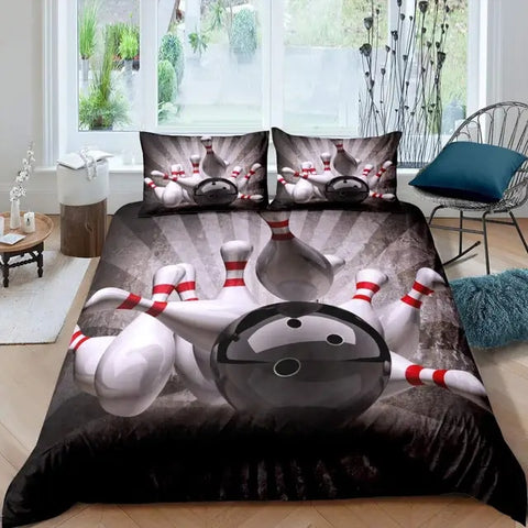 Maxcorners Black Bowling Ball And Pins 3D Bedding Set