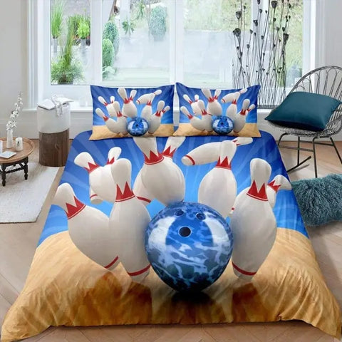 Maxcorners Blue Bowling Ball And Pins 3D Bedding Set