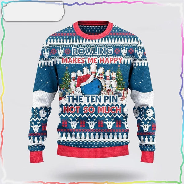 Maxcorners Bowling Makes Me Happy The Ten Pin Not So Ugly Christmas 3D Sweater