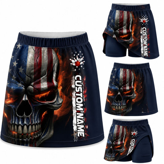 Maxcorners Bowling Patriotic Skull Custom Personalized 3D Skort, Skirts With Shorts