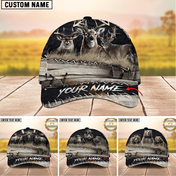 Maxcorners Hunting Gray Rustic Stitching 3D Personalized Name 3D Cap (Deer/Moose/Boar/Bear)