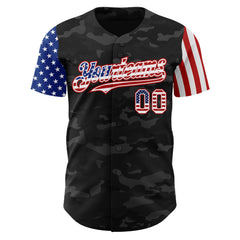 Maxcorners Custom Camo USA Flag Black-Red 3D Premium Salute To Service Baseball Jersey LM0210