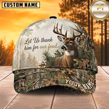 Maxcorners Deer Hunting Whitetail Buck Let Us Thank Him Cream Woodland Camo Customized Name 3D Cap