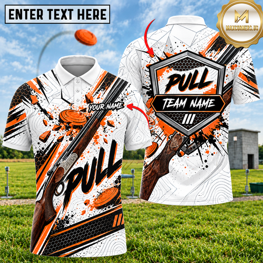 Maxcorners Trap Shooting PULL Shotgun Shattered Clay Targets Orange Black Personalized Polo Shirt