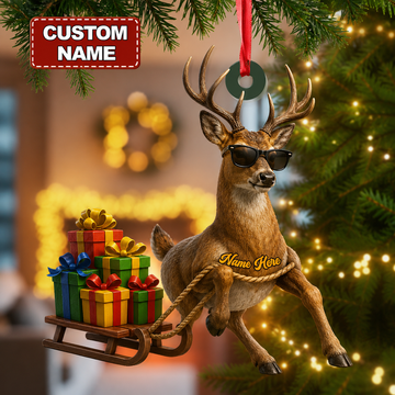 Maxcorners Hunting Deer Pulling Christmas Gift Sled Customized Name 3D Keychain And Ornament