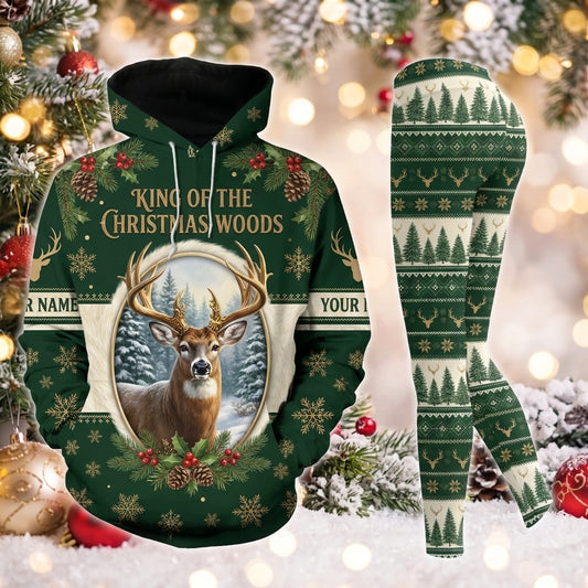 Maxcorners Combo Hunting King Of The Christmas Woods Whitetail Deer Pine Wreath Personalized Name 3D Hoodie Leggings Combo Set