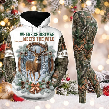 Maxcorners Combo Hunting Where Christmas Meets The Wild Buck Deer Snow Wreath Bells Bark Camo Personalized Name 3D Hoodie Leggings Combo Set