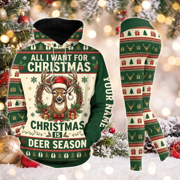 Maxcorners Combo Hunting All I Want For Christmas Is Deer Season Santa Hat Wreath Personalized Name 3D Hoodie Leggings Combo Set