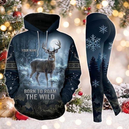 Maxcorners Combo Hunting Born To Roam The Wild Buck Deer Full Moon Snow Forest Night Camo Personalized Name 3D Hoodie Leggings Combo Set