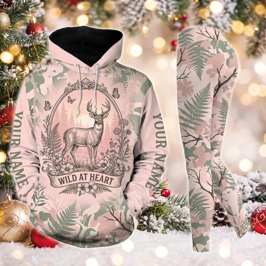 Maxcorners Combo Hunting Wild At Heart Buck Deer Vintage Floral Botanical Frame Pink Woodland Camo Personalized Name 3D Hoodie Leggings Combo Set