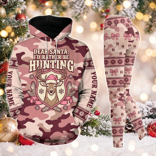 Maxcorners Combo Hunting Dear Santa I'd Rather Be Hunting Deer Santa Hat Bows Pink Camo Personalized Name 3D Hoodie Leggings Combo Set