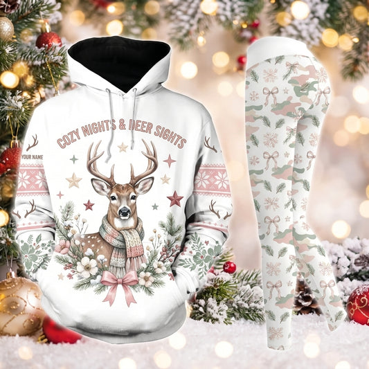 Maxcorners Combo Hunting Cozy Nights & Deer Sights Whitetail Deer Scarf Flowers Bows Camo Personalized Name 3D Hoodie Leggings Combo Set