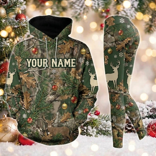 Maxcorners Combo Hunting Woodland Camo Deer Ornaments Pine Branches Christmas Tree Personalized Name 3D Hoodie Leggings Combo Set