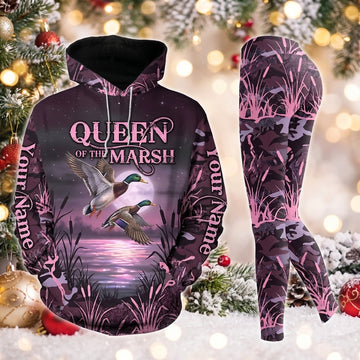 Maxcorners Combo Hunting Queen Of The Marsh Flying Mallard Ducks Marsh Reeds Pink Camo Personalized Name 3D Hoodie Leggings Combo Set
