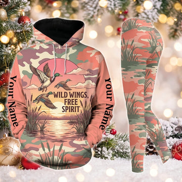 Maxcorners Combo Hunting Wild Wings Free Spirit Flying Mallards Sunset Marsh Reeds Coral Camo Personalized Name 3D Hoodie Leggings Combo Set