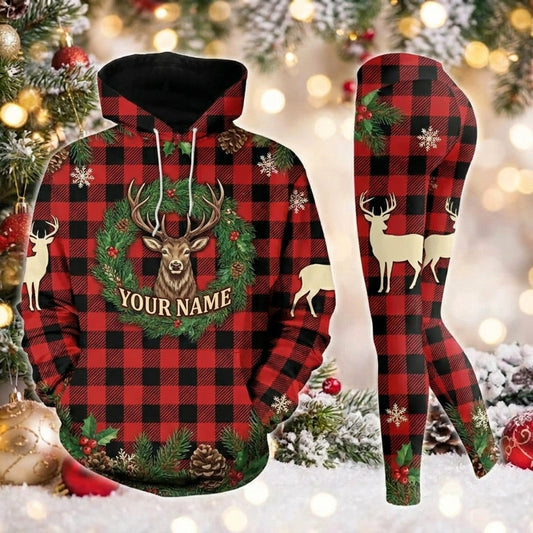 Maxcorners Combo Hunting Buck Deer Christmas Wreath Red Black Plaid Buffalo Check Snowflakes Personalized Name 3D Hoodie Leggings Combo Set