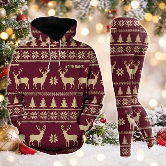 Maxcorners Combo Hunting Maroon Beige Fair Isle Reindeer Snowflake Pine Tree Knitted Ugly Christmas Pattern Personalized Name 3D Hoodie Leggings Combo Set