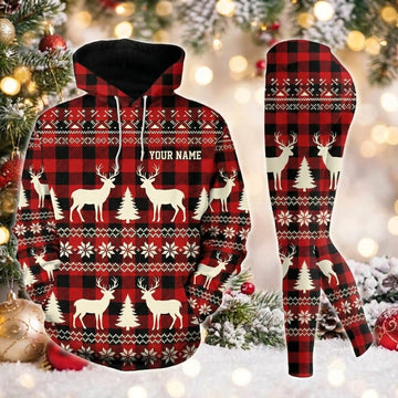 Maxcorners Combo Hunting Red Black Plaid Buffalo Check Deer Christmas Tree Knitted Ugly Sweater Pattern Personalized Name 3D Hoodie Leggings Combo Set