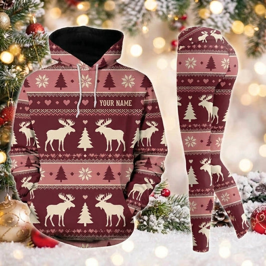 Maxcorners Combo Hunting Maroon Pink Fair Isle Moose Hearts Pine Tree Knitted Ugly Christmas Pattern Personalized Name 3D Hoodie Leggings Combo Set