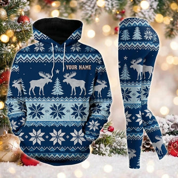 Maxcorners Combo Hunting Royal Blue White Fair Isle Moose Snowflake Pine Tree Knitted Ugly Christmas Pattern Personalized Name 3D Hoodie Leggings Combo Set