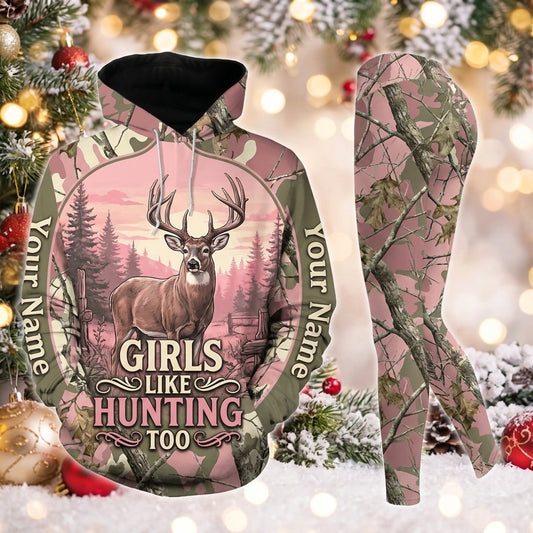 Maxcorners Combo Hunting Girls Like Hunting Too Buck Deer Sunset Countryside Fence Pink Camo Personalized Name 3D Hoodie Leggings Combo Set