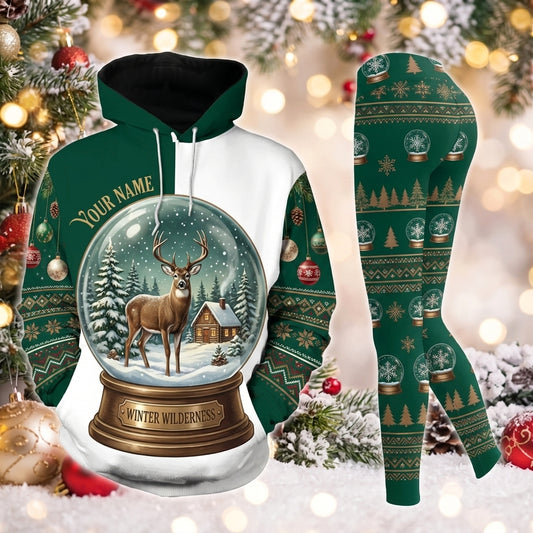 Maxcorners Combo Hunting Winter Wilderness Snow Globe Deer Cabin Fair Isle Green Pattern Personalized Name 3D Hoodie Leggings Combo Set