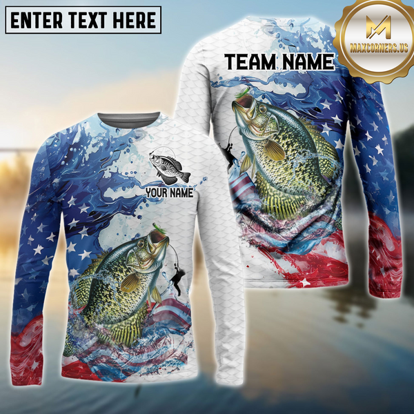 Maxcorners Crappie Fishing Patriotic American Flag Wave White Skin Custom Name & Team Name 3D Shirts TU1807