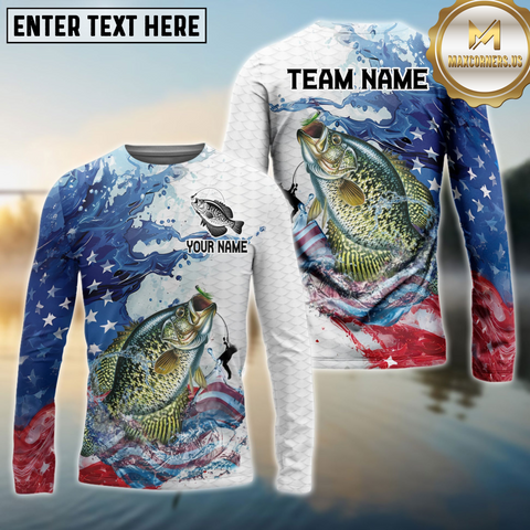 Maxcorners Crappie Fishing Patriotic American Flag Wave White Skin Custom Name & Team Name 3D Shirts TU1807