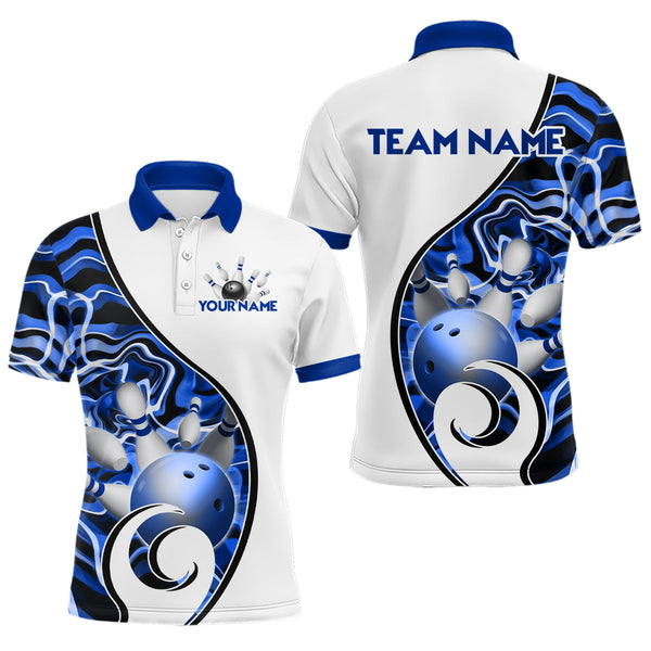 Maxcorners Custom Bowling Team Polo Shirts for Men - Personalized Abstract Bowling Jersey | Blue LM0611