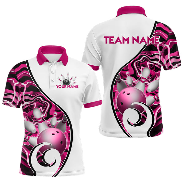 Maxcorners Custom Bowling Team Polo Shirts for Men - Personalized Abstract Bowling Jersey | Pink LM0611