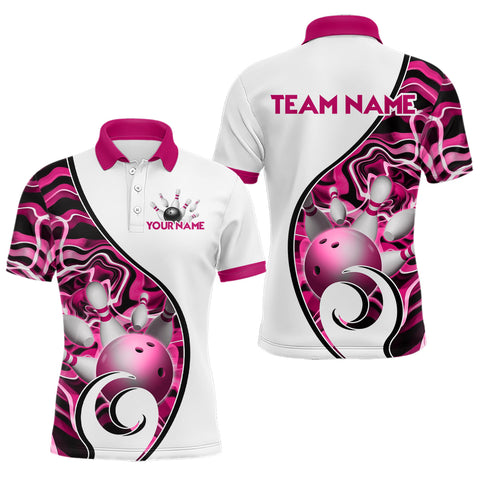 Maxcorners Custom Bowling Team Polo Shirts for Men - Personalized Abstract Bowling Jersey | Pink LM0611