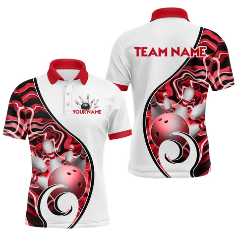 Maxcorners Custom Bowling Team Polo Shirts for Men - Personalized Abstract Bowling Jersey | Red LM0611