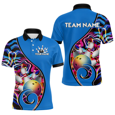 Maxcorners Custom Bowling Team Polo Shirts for Men - Personalized Abstract Colors Bowling Jersey - Blue MT0811