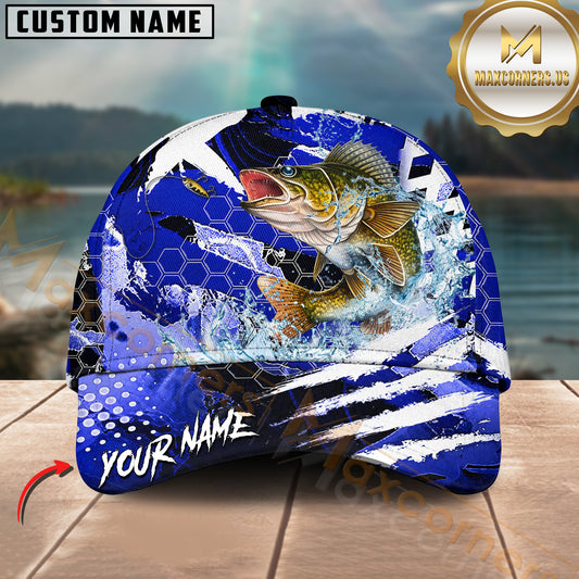 Maxcorners Fishing Blue Geometric Splash Personalized Name 3D Cap (12 Fish Species)
