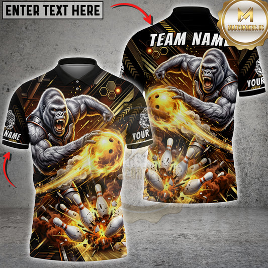 Maxcorners Bowling Shirt Gorilla Striking Bowling Ball Explosive Impact Design, Multicolor Customized Name, Team Name 3D Shirts