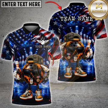 Maxcorners Bowling Veteran American Flag Funny Bowling Ball Character Multicolor Customized Name, Team Name 3D Shirts