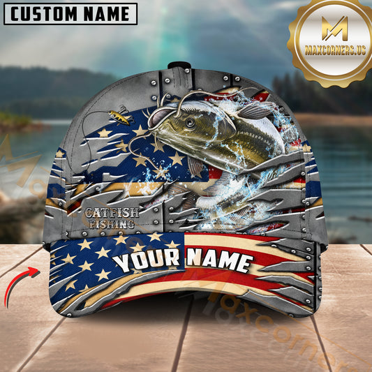 Maxcorners Fishing American Flag & Riveted Metal Pattern Personalized Name 3D Cap
