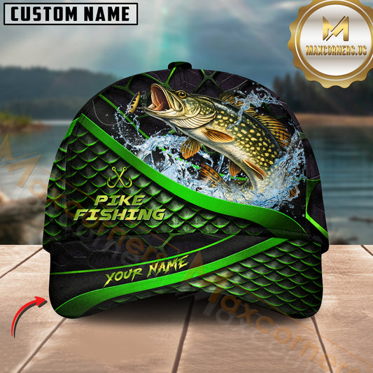 Maxcorners Fishing Green Scale Water Splash Lure Personalized Name 3D Cap (12 Fish Species)