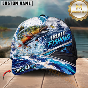 Maxcorners Fishing Ocean Boat Jumping Fish Water Splash Graphic Customized Name 3D Cap