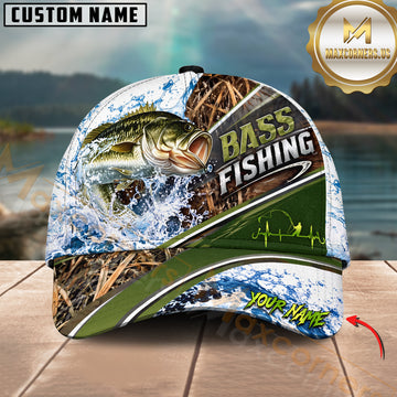 Maxcorners Fishing Jumping Fish Water Splash Reeds Heartbeat Line Graphic Artwork Customized Name 3D Cap