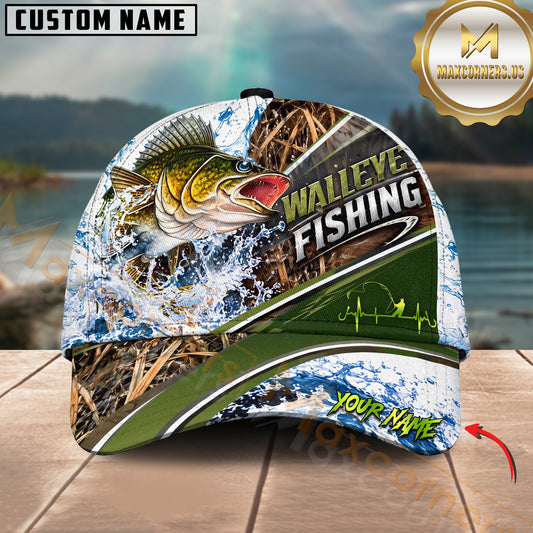Maxcorners Fishing Jumping Fish Water Splash Reeds Heartbeat Line Graphic Artwork Customized Name 3D Cap