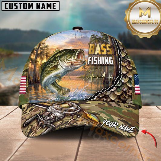 Maxcorners Fishing Bass Jumping, Sunset Nature Landscape Camo Pattern, Fishing Reel Heartbeat Line Customized Name 3D Cap