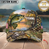 Maxcorners Fishing Bass Jumping, Sunset Nature Landscape Camo Pattern, Fishing Reel Heartbeat Line Customized Name 3D Cap