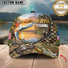 Maxcorners Fishing Bass Jumping, Sunset Nature Landscape Camo Pattern, Fishing Reel Heartbeat Line Customized Name 3D Cap