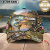 Maxcorners Fishing Bass Jumping, Sunset Nature Landscape Camo Pattern, Fishing Reel Heartbeat Line Customized Name 3D Cap
