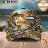 Maxcorners Fishing Bass Jumping, Sunset Nature Landscape Camo Pattern, Fishing Reel Heartbeat Line Customized Name 3D Cap