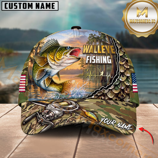 Maxcorners Fishing Bass Jumping, Sunset Nature Landscape Camo Pattern, Fishing Reel Heartbeat Line Customized Name 3D Cap