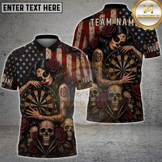 Maxcorners Darts Gothic Skull And Floral Motif Multicolor Customized Name, Team Name 3D Shirts